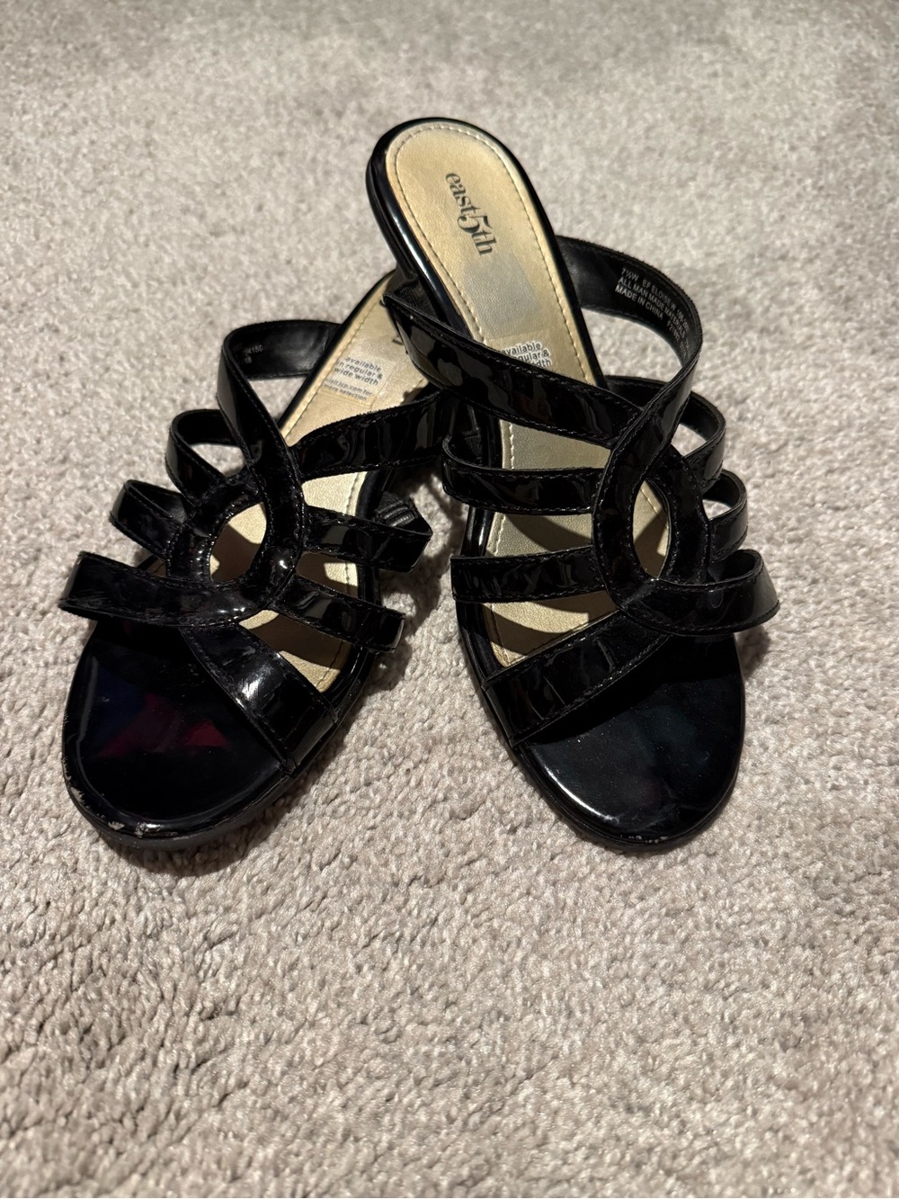 East 5th Black Patent Multi-Strap Heeled Slides